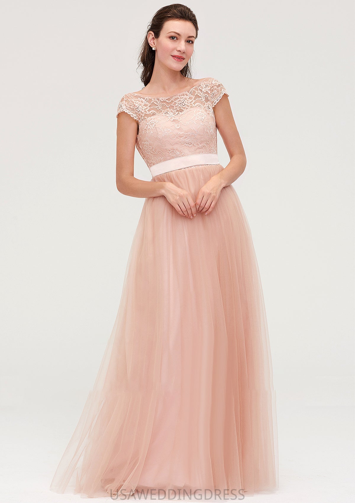 Bateau Sleeveless Tulle A-line/Princess Long/Floor-Length Bridesmaid Dresseses With Sashes Lace Imani DSP0025427