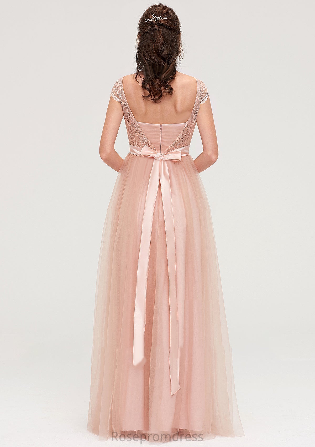 Bateau Sleeveless Tulle A-line/Princess Long/Floor-Length Bridesmaid Dresseses With Sashes Lace Amani SRSP0025427