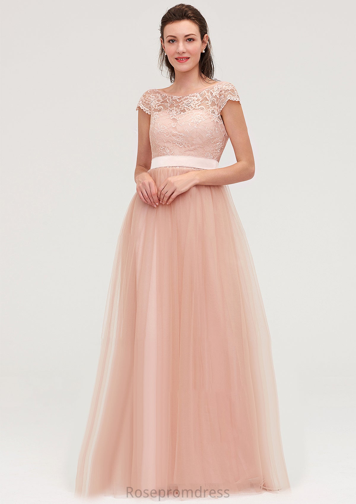 Bateau Sleeveless Tulle A-line/Princess Long/Floor-Length Bridesmaid Dresseses With Sashes Lace Amani SRSP0025427