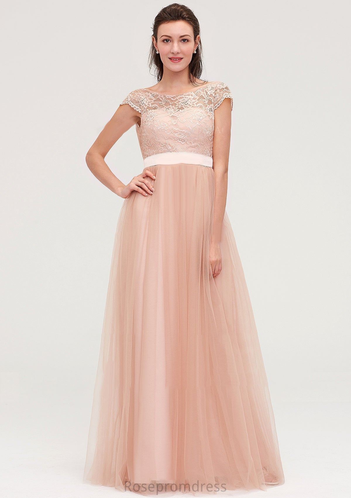 Bateau Sleeveless Tulle A-line/Princess Long/Floor-Length Bridesmaid Dresseses With Sashes Lace Amani SRSP0025427