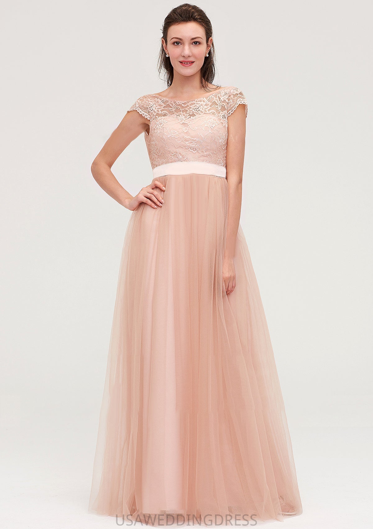 Bateau Sleeveless Tulle A-line/Princess Long/Floor-Length Bridesmaid Dresseses With Sashes Lace Imani DSP0025427