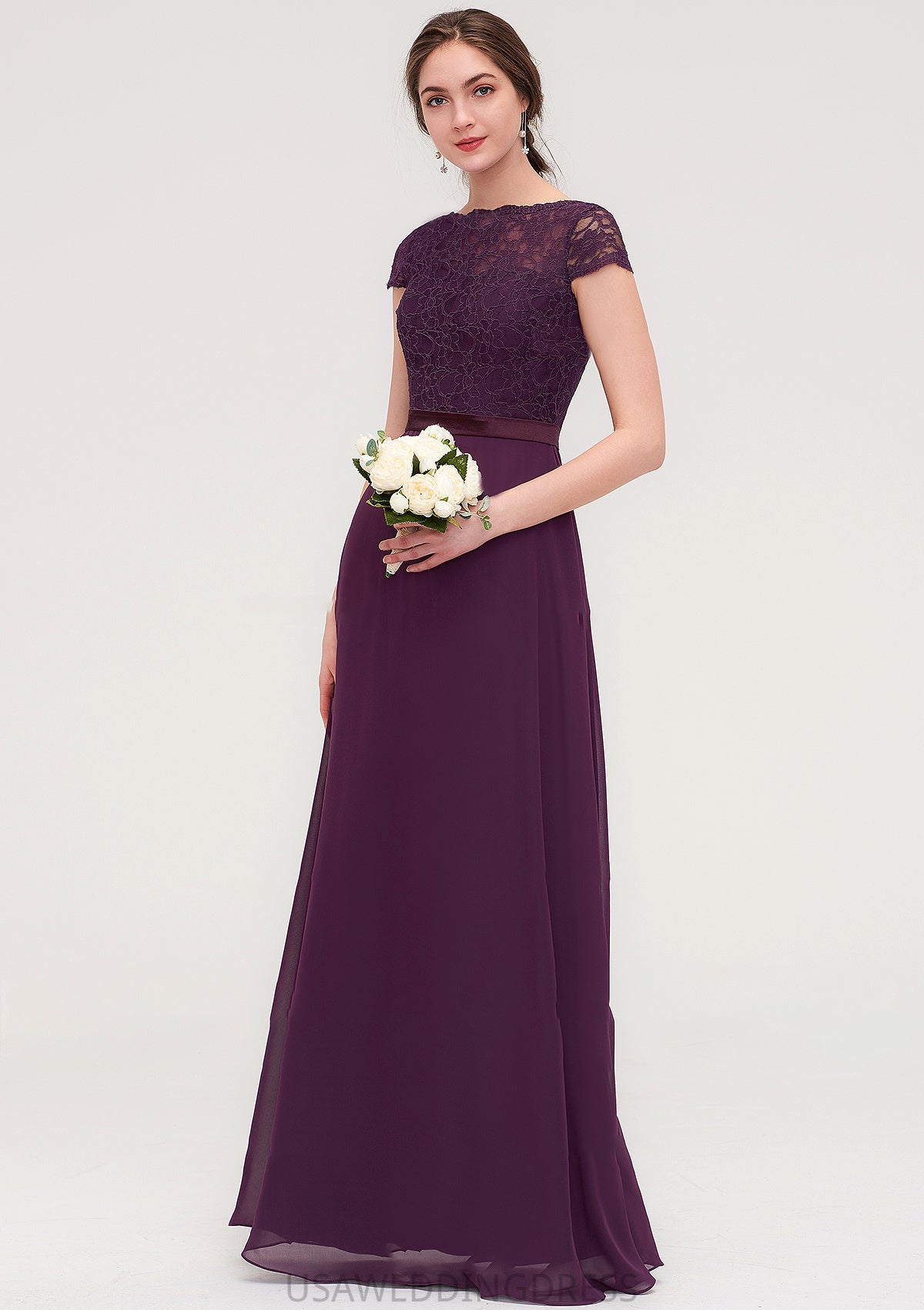 Short Sleeve Bateau Long/Floor-Length  Chiffon A-line/Princess Bridesmaid Dresses With Sashes Lace Neveah DSP0025428