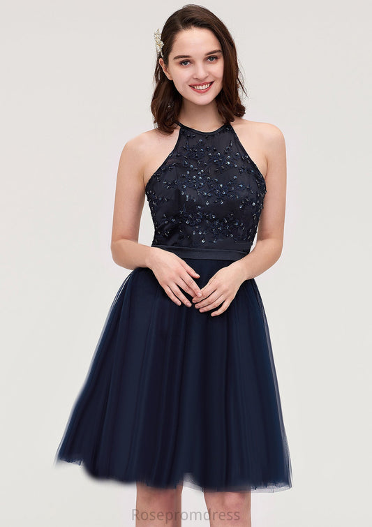 Sleeveless Halter Knee-Length Tulle A-line/Princess Bridesmaid Dresses With Sequins Appliqued Sashes Penny SRSP0025430