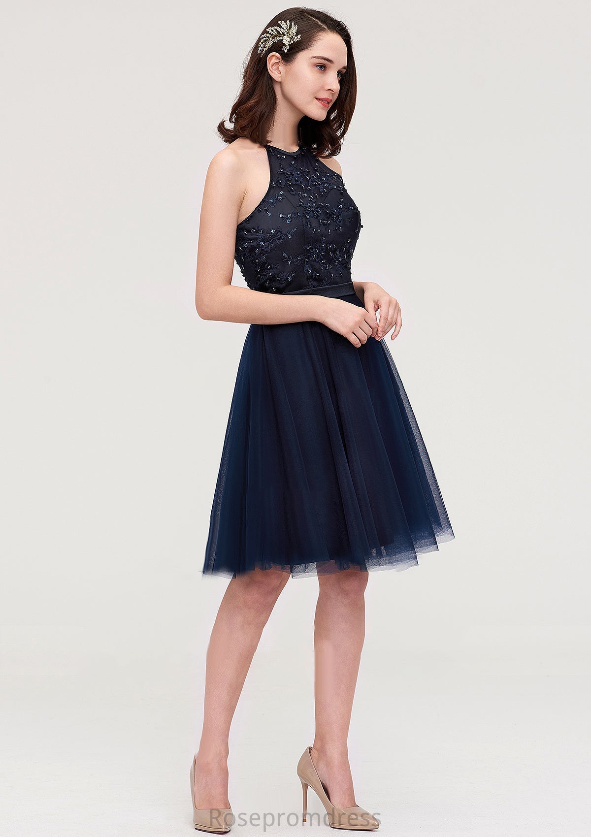 Sleeveless Halter Knee-Length Tulle A-line/Princess Bridesmaid Dresses With Sequins Appliqued Sashes Penny SRSP0025430