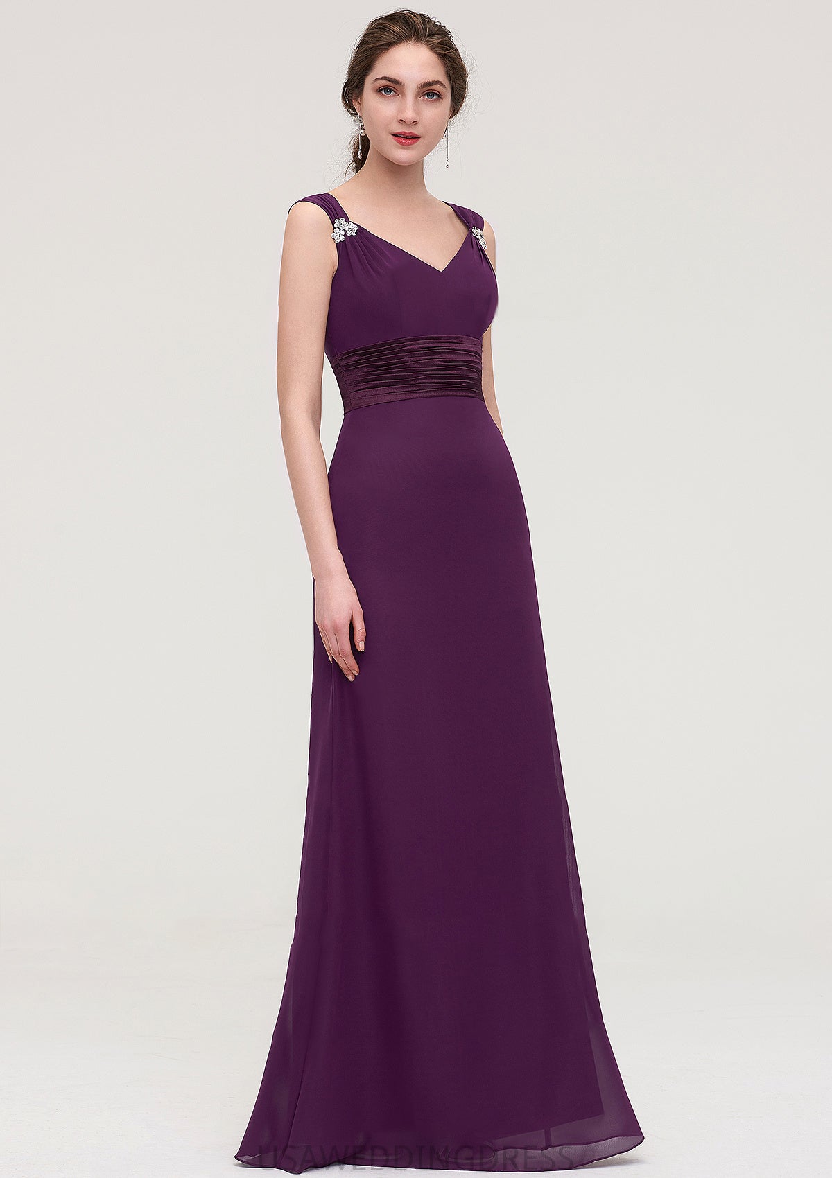 Sleeveless V Neck Long/Floor-Length Sheath/Column Chiffon Bridesmaid Dresses With Sashes Beading Pleated Jocelynn DSP0025432