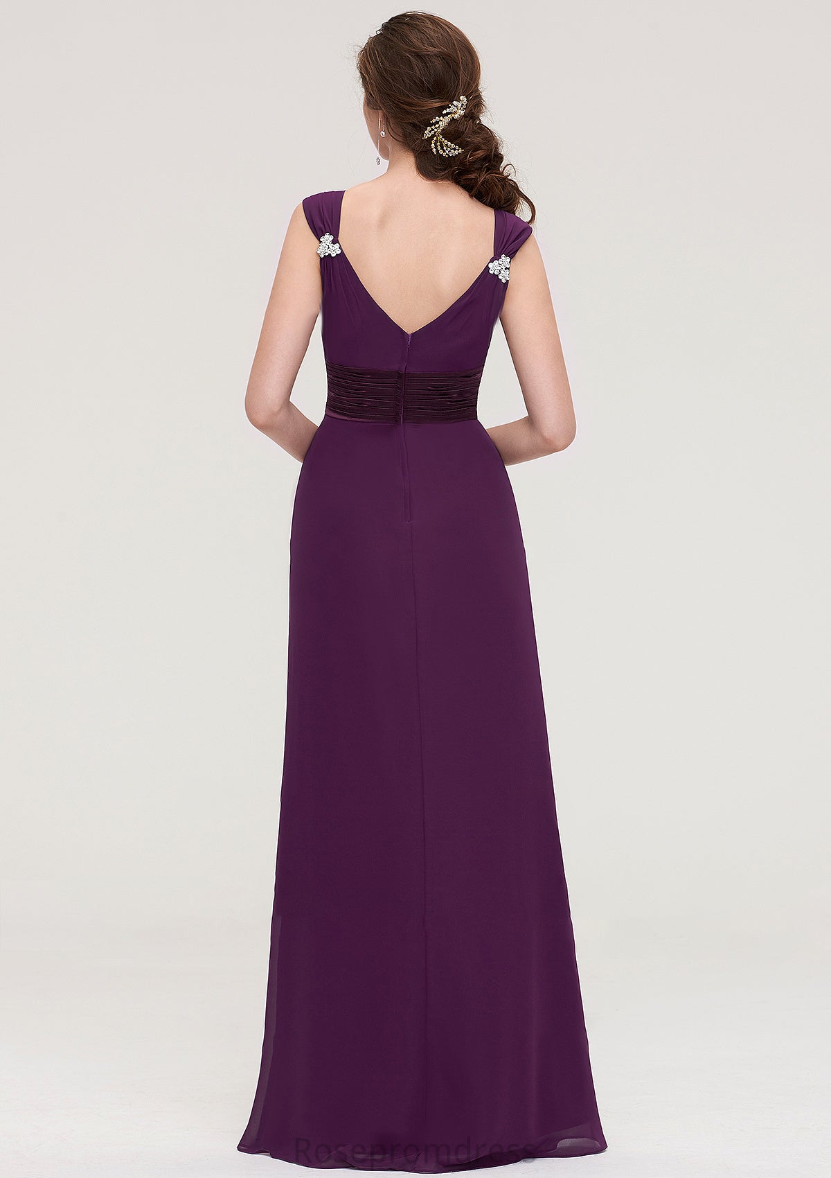 Sleeveless V Neck Long/Floor-Length Sheath/Column Chiffon Bridesmaid Dresses With Sashes Beading Pleated Dana SRSP0025432