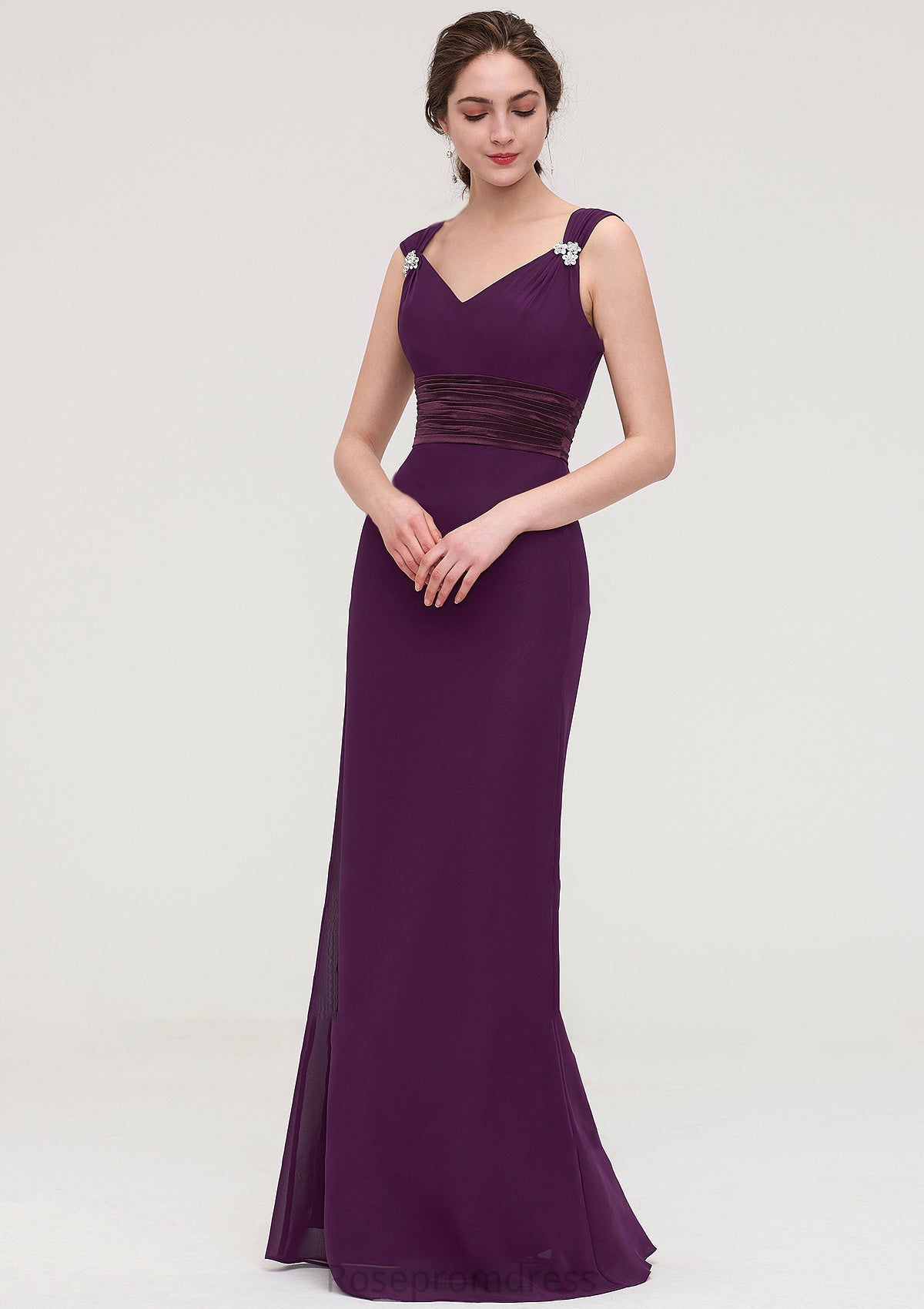 Sleeveless V Neck Long/Floor-Length Sheath/Column Chiffon Bridesmaid Dresses With Sashes Beading Pleated Dana SRSP0025432