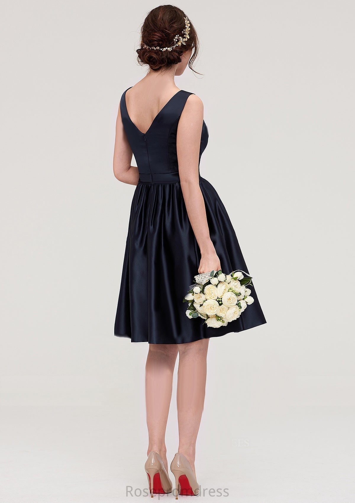 V Neck Sleeveless A-line/Princess Knee-Length Satin Bridesmaid Dresses With Pleated Natalie SRSP0025433