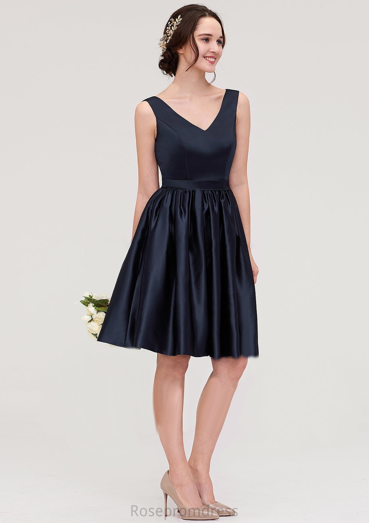 V Neck Sleeveless A-line/Princess Knee-Length Satin Bridesmaid Dresses With Pleated Natalie SRSP0025433