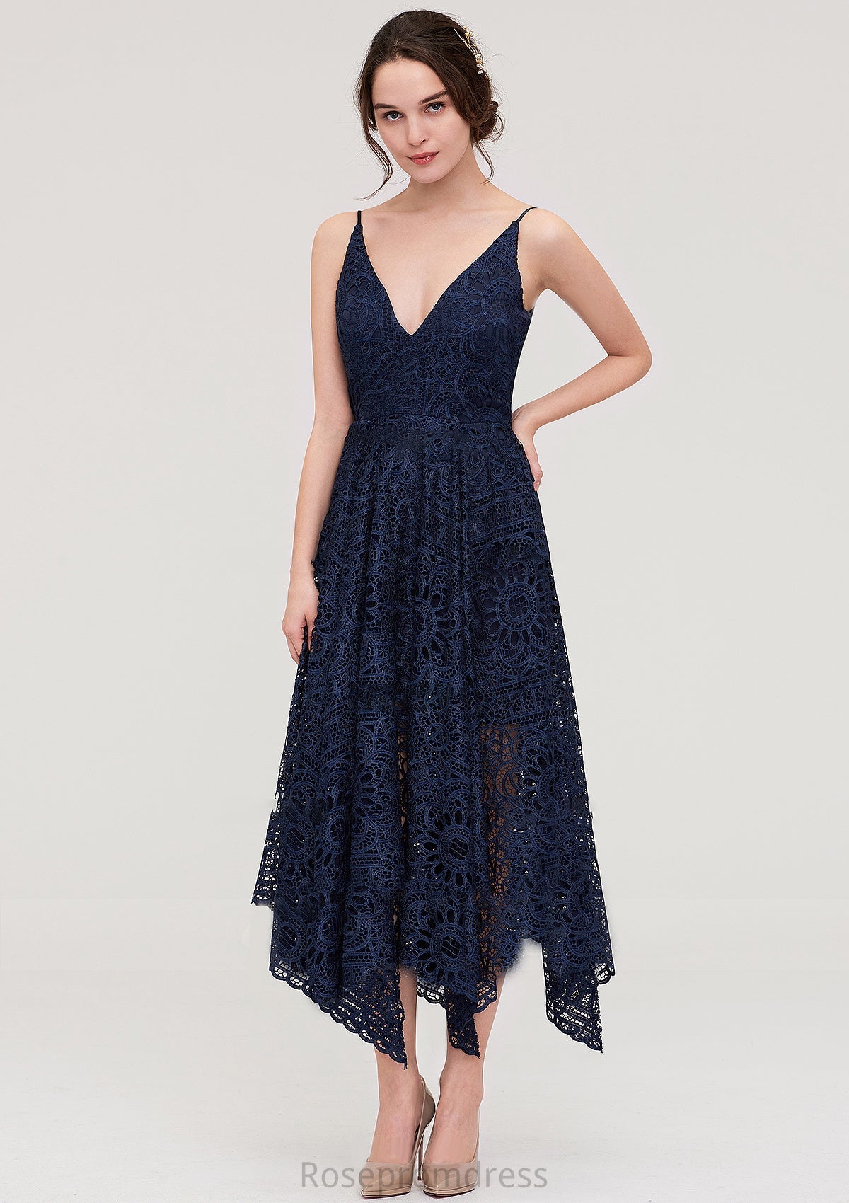 Sleeveless V Neck Lace Tea-Length A-line/Princess Bridesmaid Dresses Cristal SRSP0025438