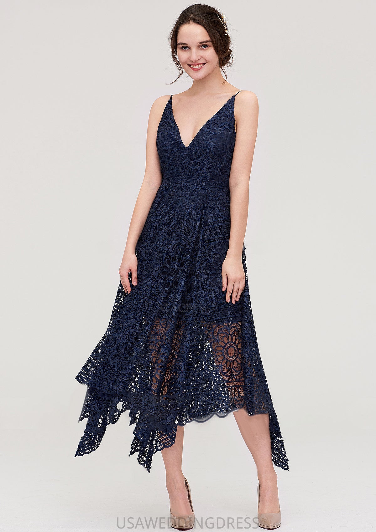 Sleeveless V Neck Lace Tea-Length A-line/Princess Bridesmaid Dresses Mikayla DSP0025438