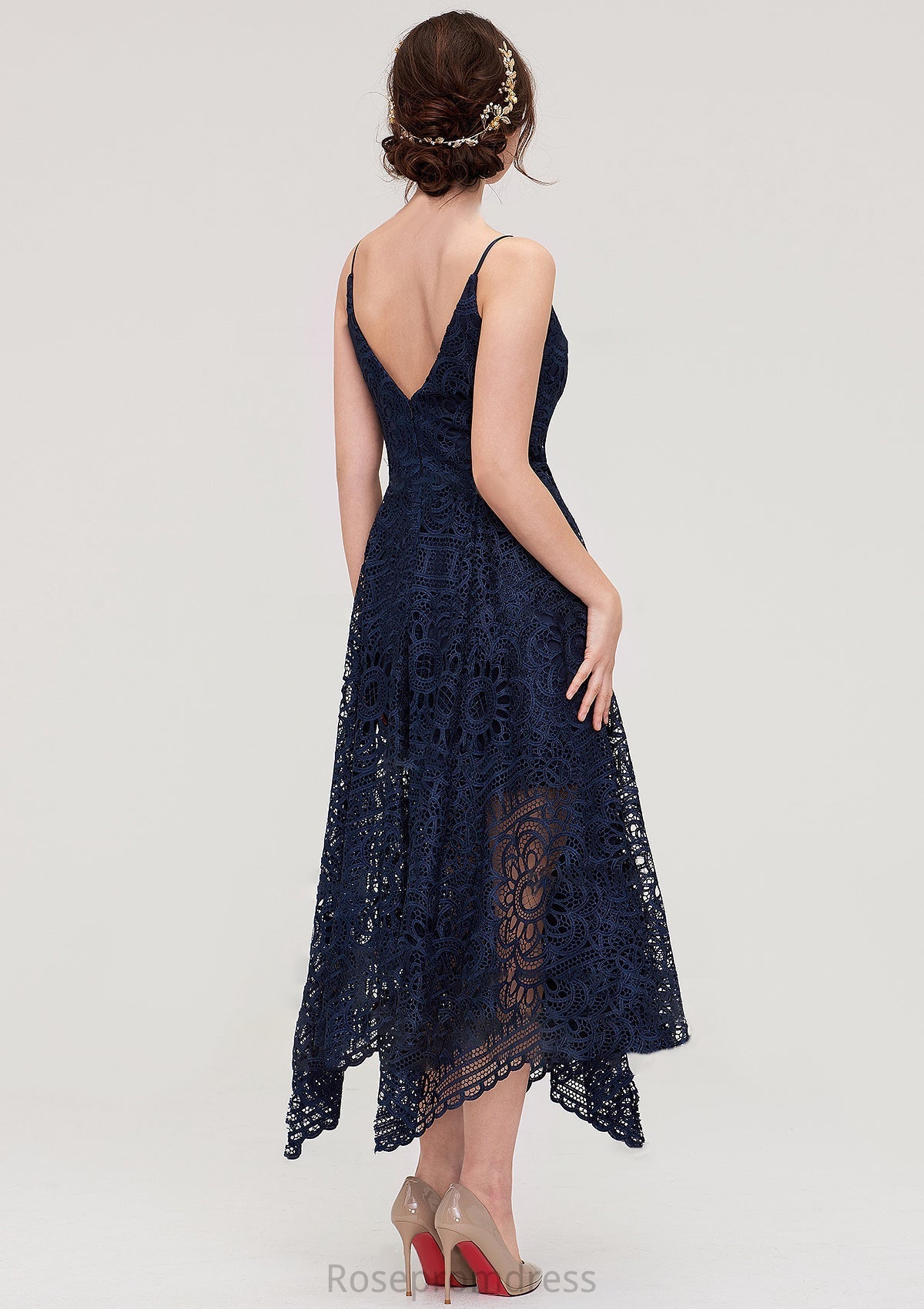 Sleeveless V Neck Lace Tea-Length A-line/Princess Bridesmaid Dresses Cristal SRSP0025438