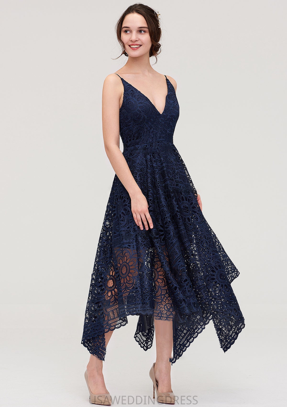 Sleeveless V Neck Lace Tea-Length A-line/Princess Bridesmaid Dresses Mikayla DSP0025438