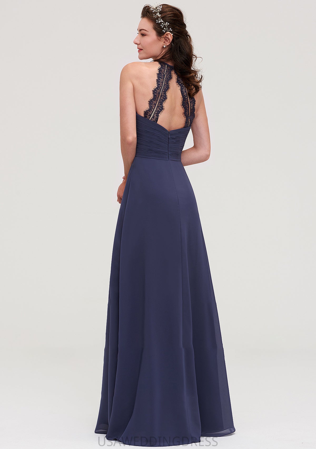 Scoop Neck Sleeveless A-line/Princess Chiffon Long/Floor-Length Bridesmaid Dresseses With Pleated Appliqued Leticia DSP0025439