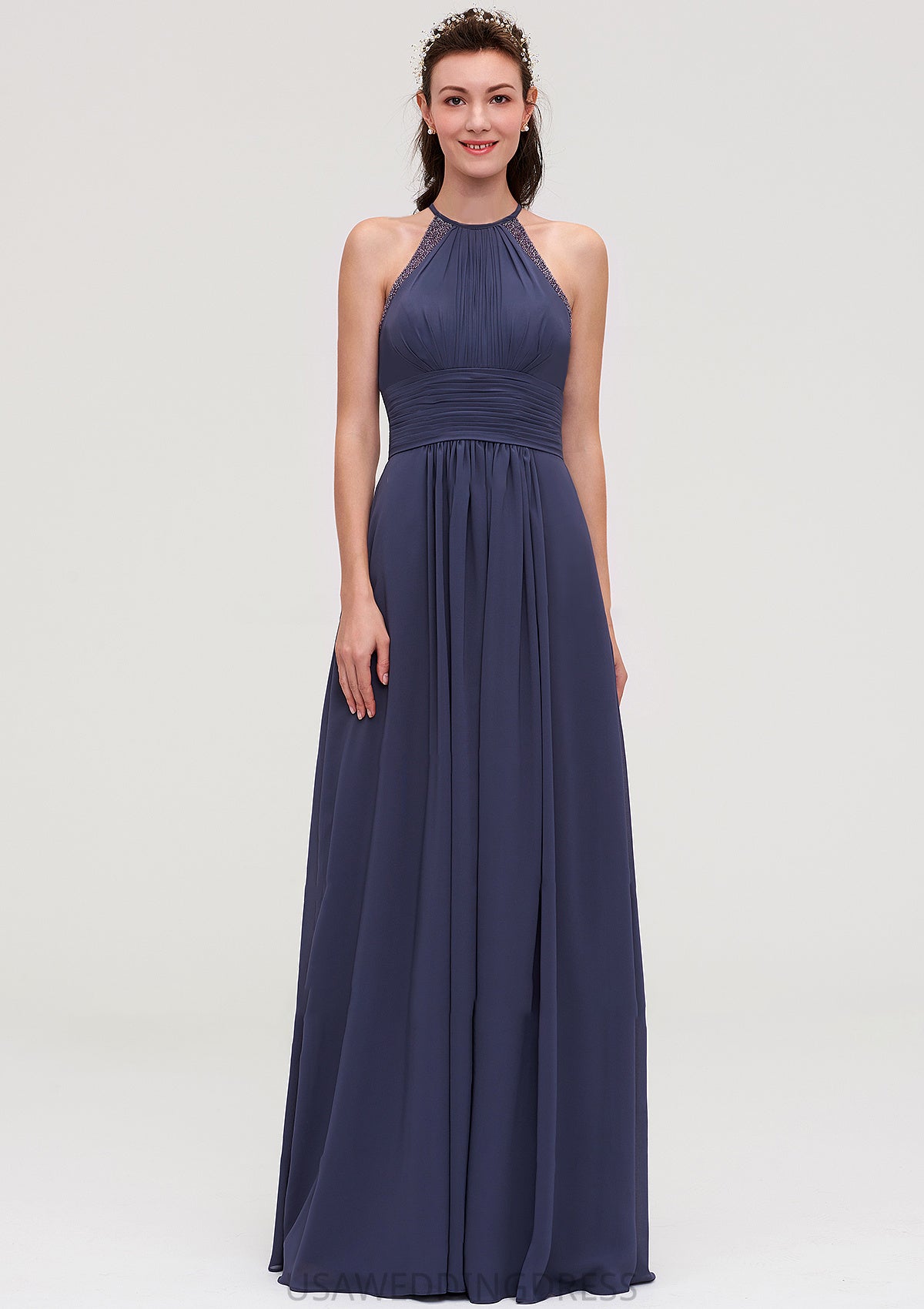 Scoop Neck Sleeveless A-line/Princess Chiffon Long/Floor-Length Bridesmaid Dresseses With Pleated Appliqued Leticia DSP0025439