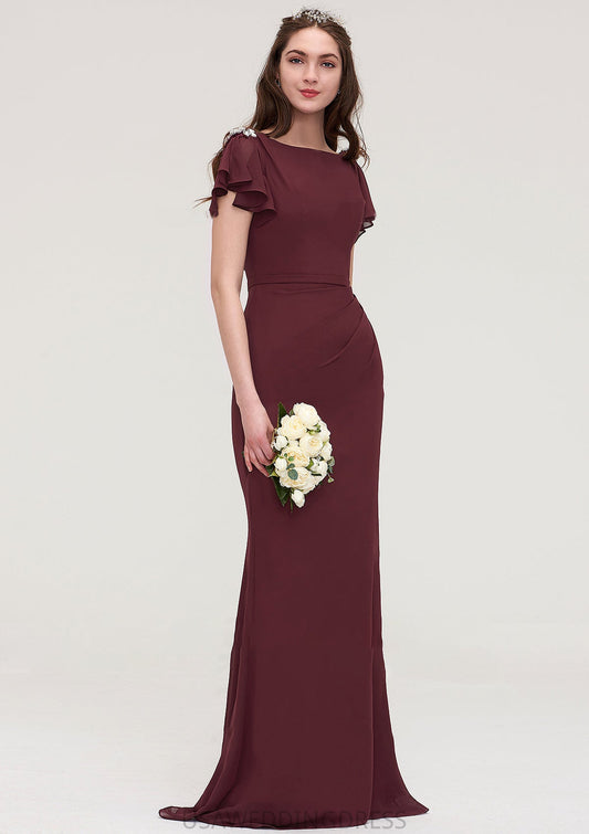 Short Sleeve Bateau Long/Floor-Length Sheath/Column Chiffon Bridesmaid Dresses With Crystal Detailing Sashes Kailey DSP0025440