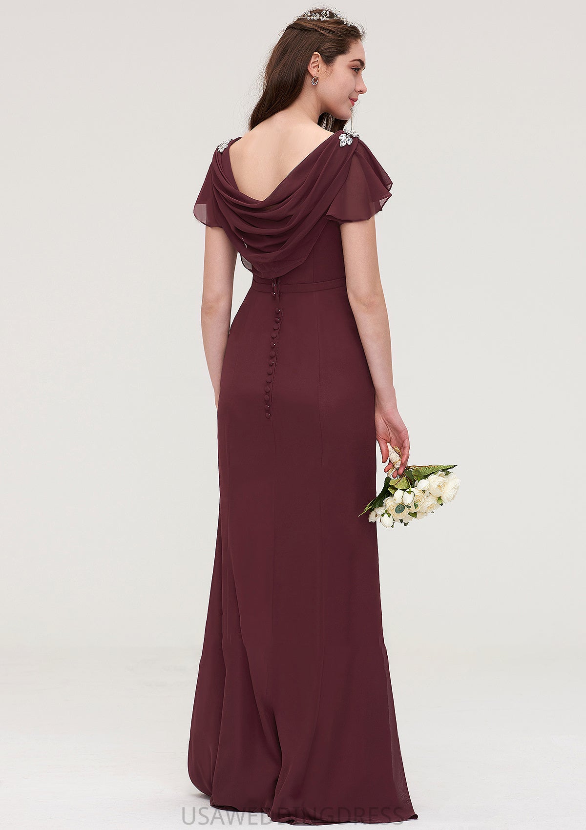 Short Sleeve Bateau Long/Floor-Length Sheath/Column Chiffon Bridesmaid Dresses With Crystal Detailing Sashes Kailey DSP0025440