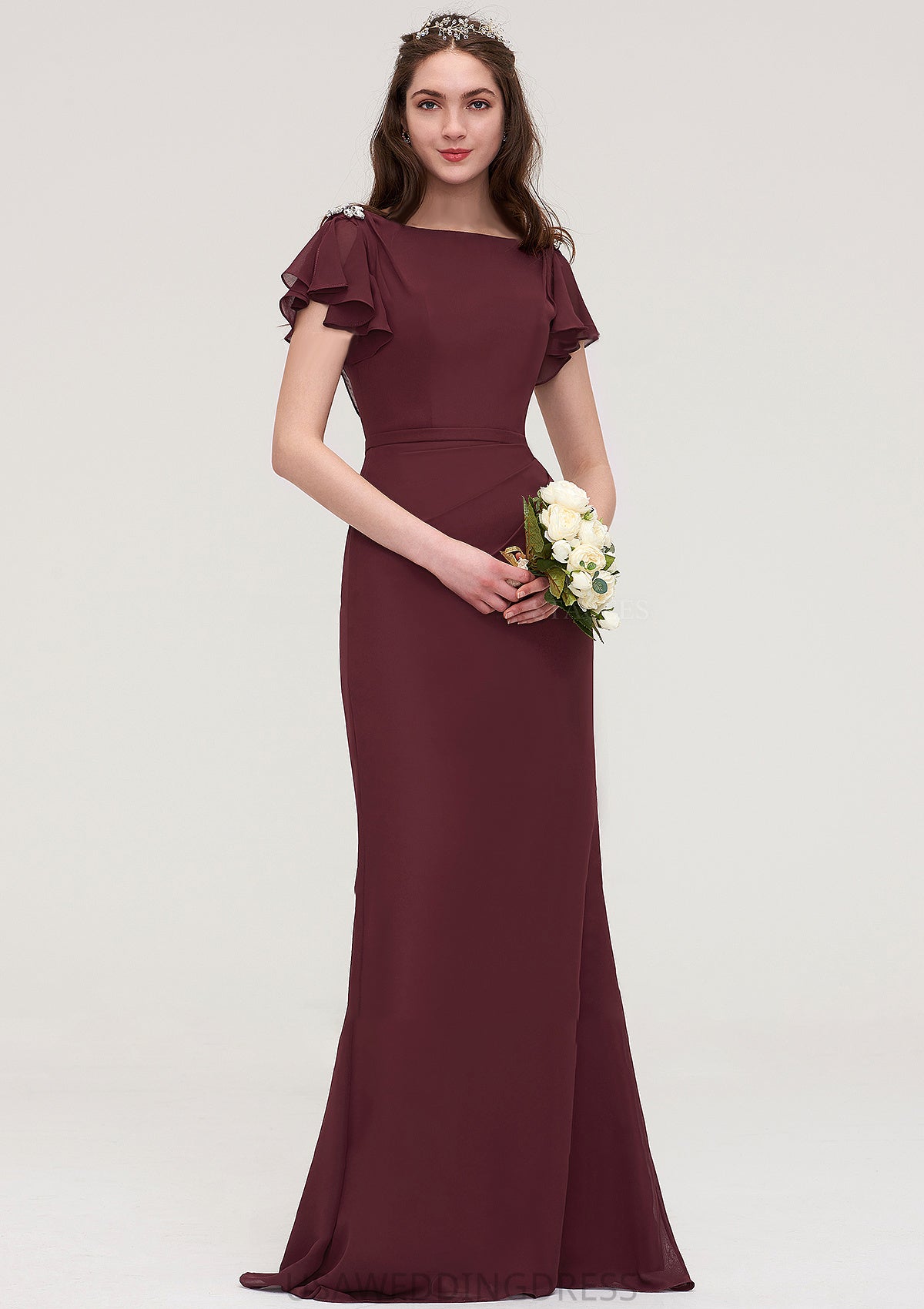 Short Sleeve Bateau Long/Floor-Length Sheath/Column Chiffon Bridesmaid Dresses With Crystal Detailing Sashes Kailey DSP0025440