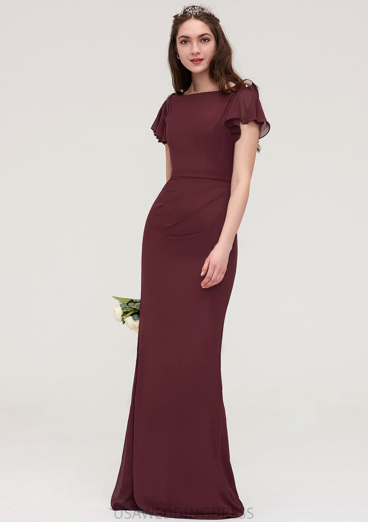 Short Sleeve Bateau Long/Floor-Length Sheath/Column Chiffon Bridesmaid Dresses With Crystal Detailing Sashes Kailey DSP0025440