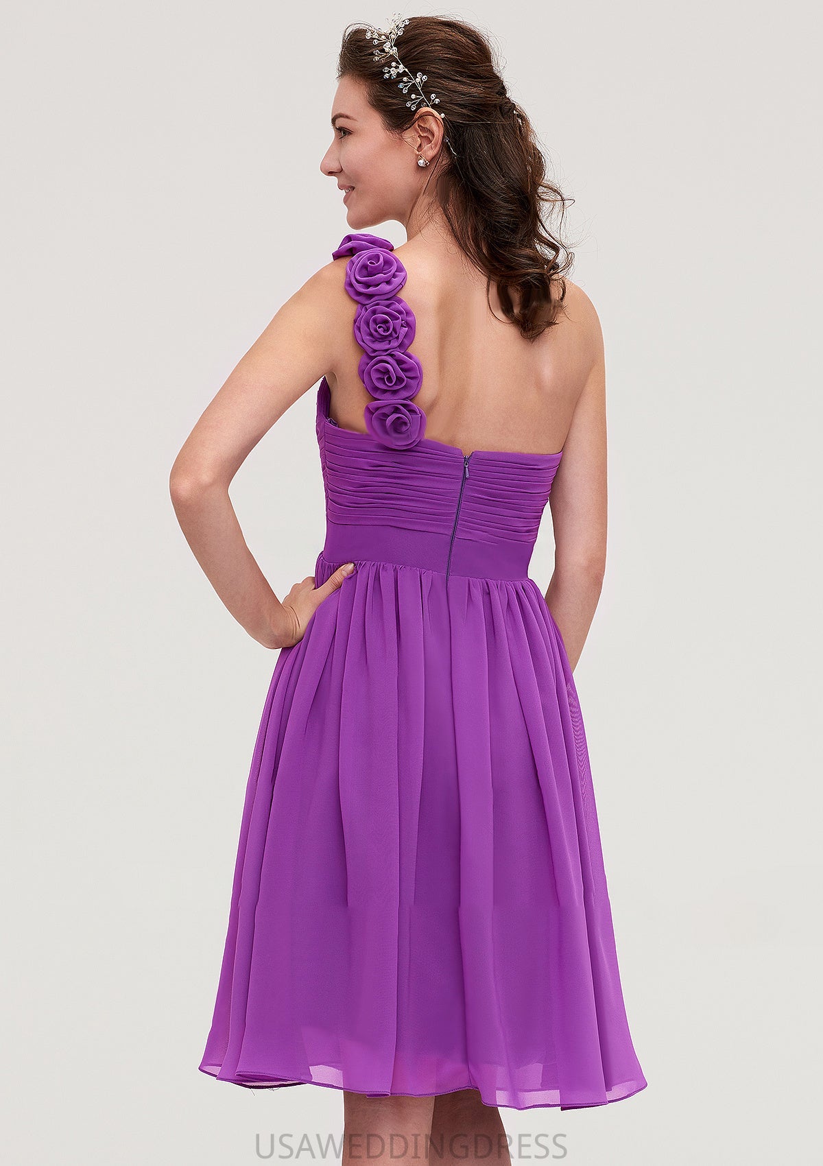 One-Shoulder Sleeveless Knee-Length Chiffon A-line/Princess Bridesmaid Dresseses With Pleated Flowers Catherine DSP0025441
