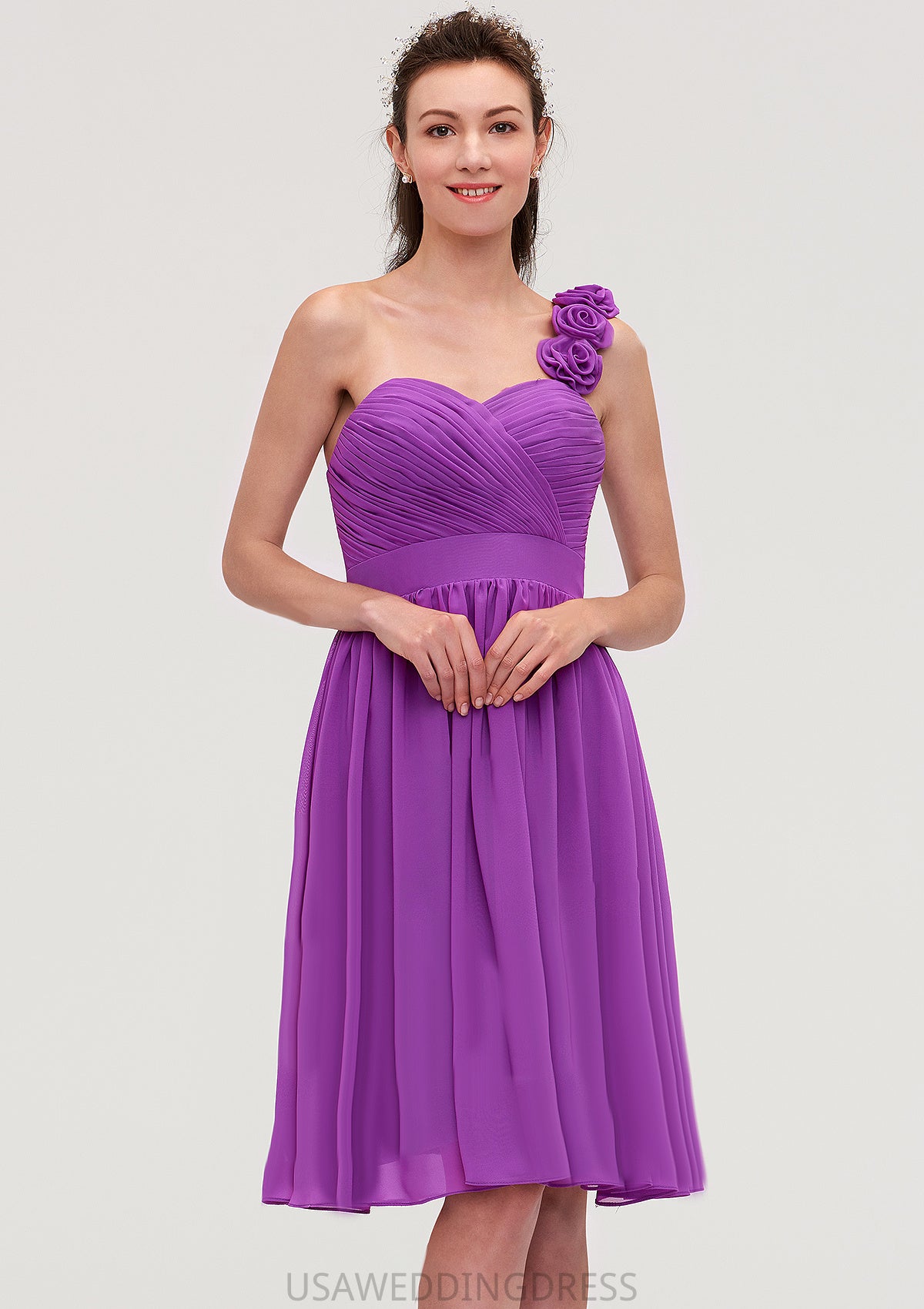 One-Shoulder Sleeveless Knee-Length Chiffon A-line/Princess Bridesmaid Dresseses With Pleated Flowers Catherine DSP0025441
