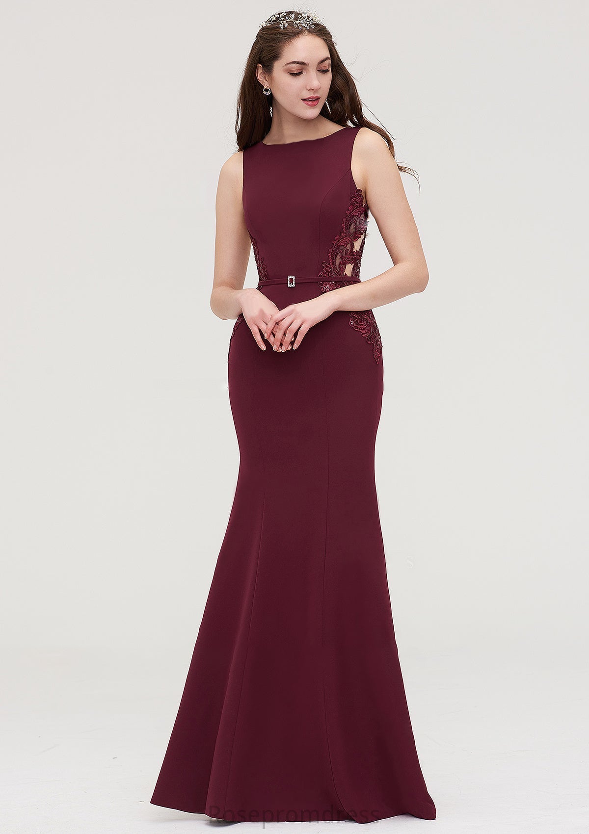 Bateau Sleeveless Sheath/Column Long/Floor-Length Elastic Satin Bridesmaid Dresses With Waistband Lace Sequins Aaliyah SRSP0025443