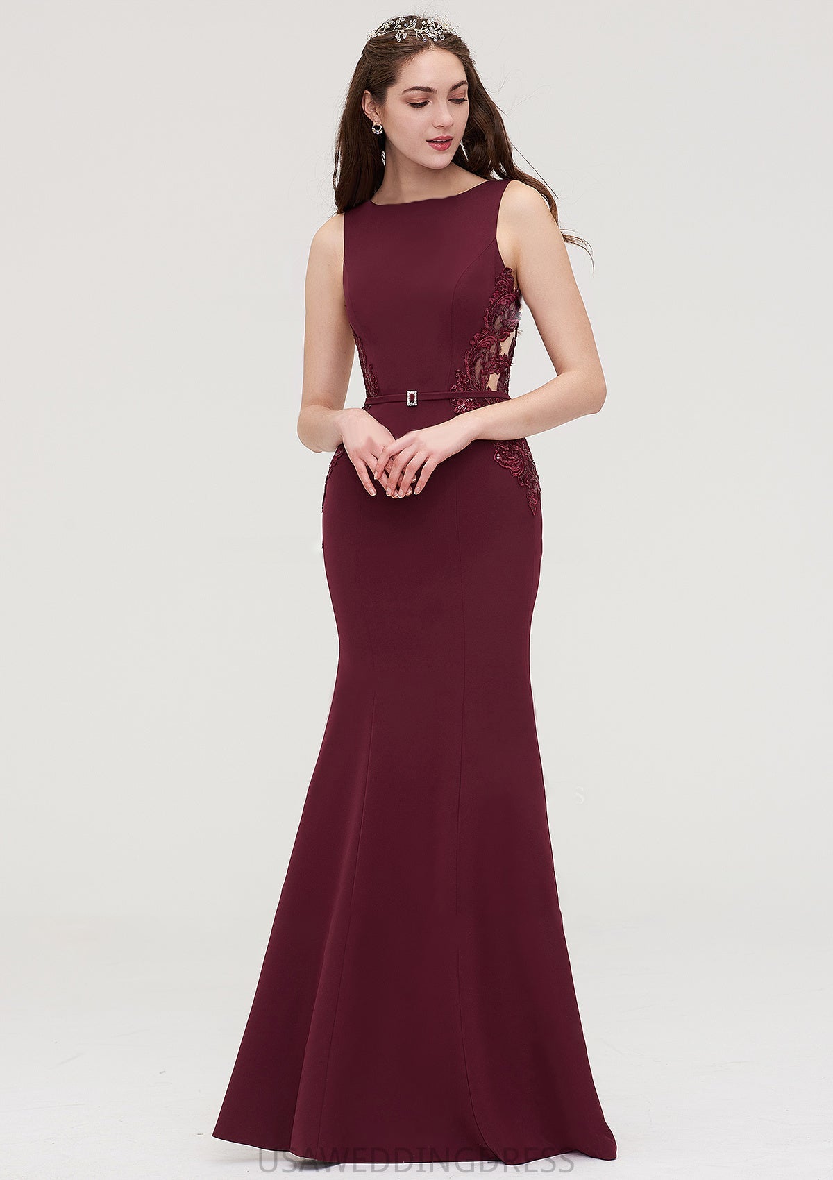 Bateau Sleeveless Sheath/Column Long/Floor-Length Elastic Satin Bridesmaid Dresses With Waistband Lace Sequins Dayana DSP0025443