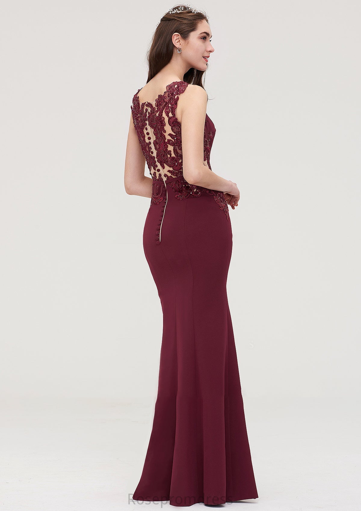 Bateau Sleeveless Sheath/Column Long/Floor-Length Elastic Satin Bridesmaid Dresses With Waistband Lace Sequins Aaliyah SRSP0025443