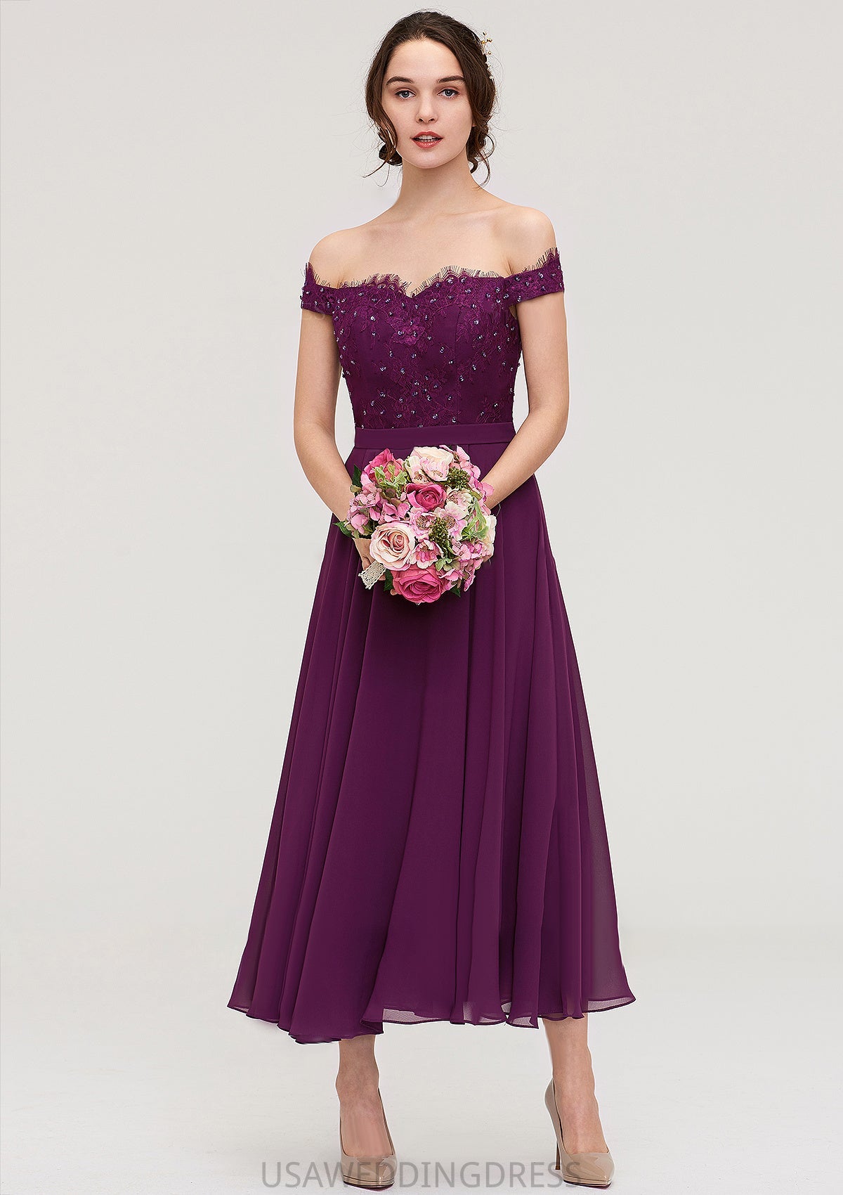 Off-the-Shoulder Sleeveless Tea-Length Chiffon A-line/Princess Bridesmaid Dresses With Lace Beading Rylee DSP0025446