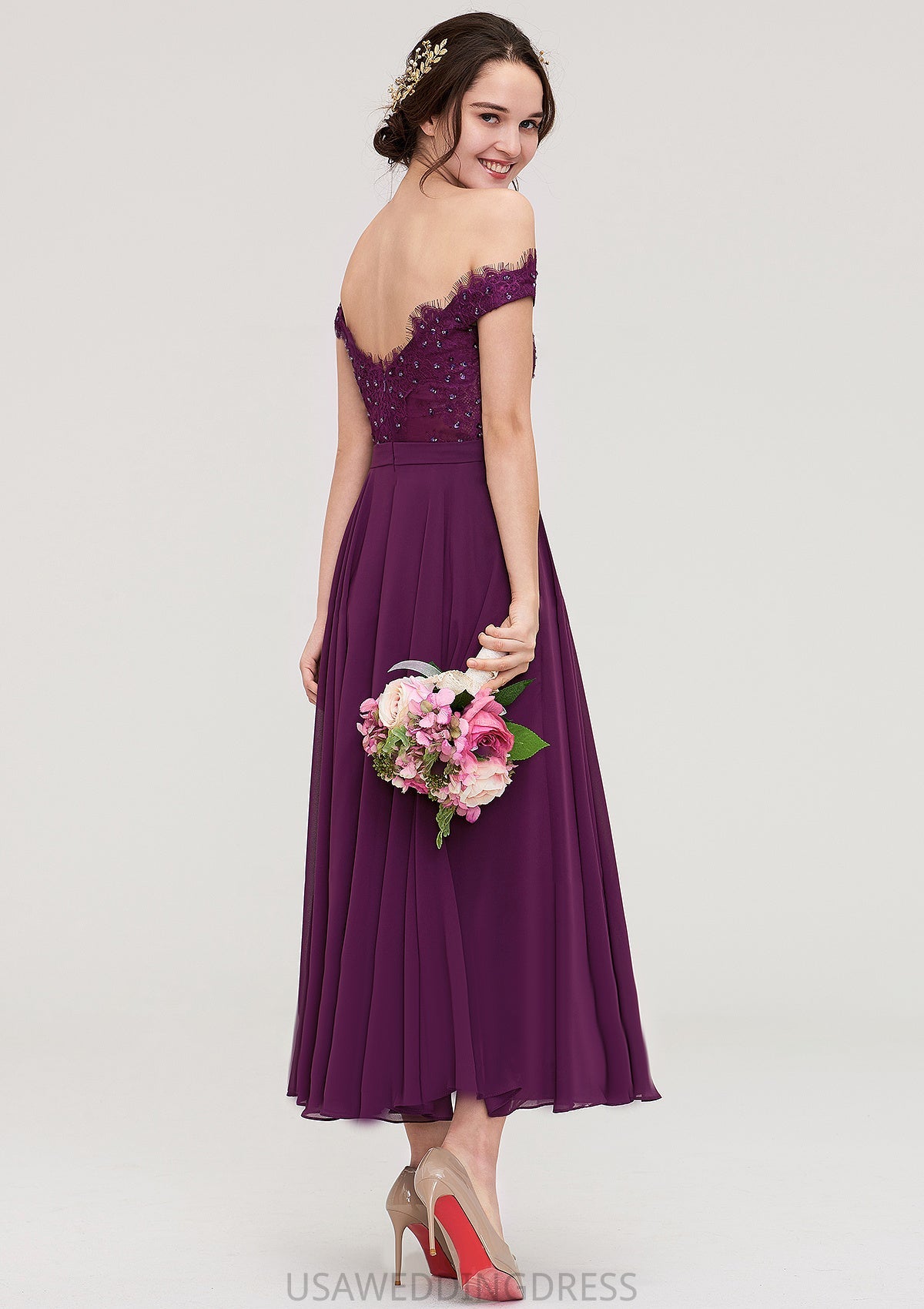 Off-the-Shoulder Sleeveless Tea-Length Chiffon A-line/Princess Bridesmaid Dresses With Lace Beading Rylee DSP0025446