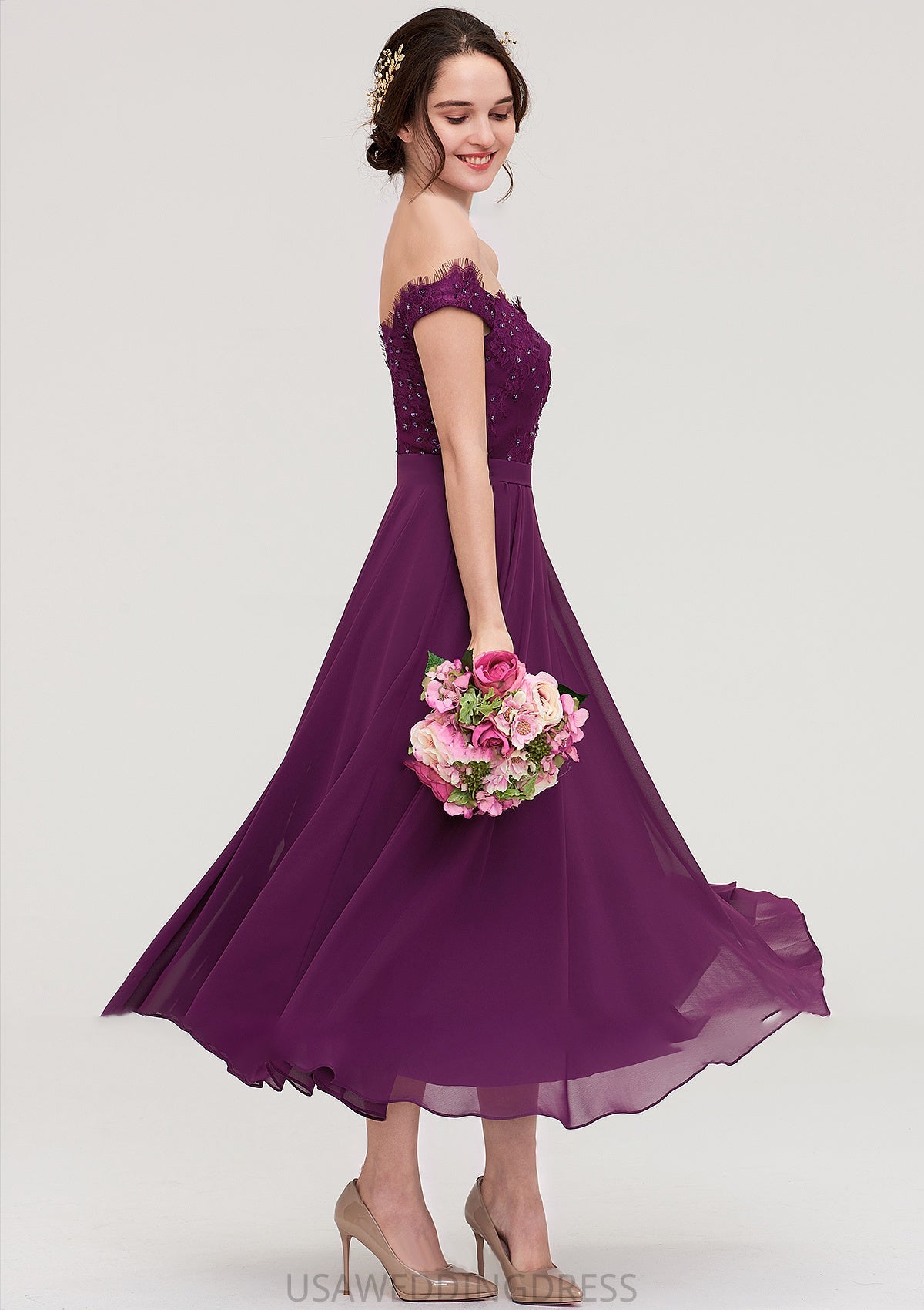 Off-the-Shoulder Sleeveless Tea-Length Chiffon A-line/Princess Bridesmaid Dresses With Lace Beading Rylee DSP0025446