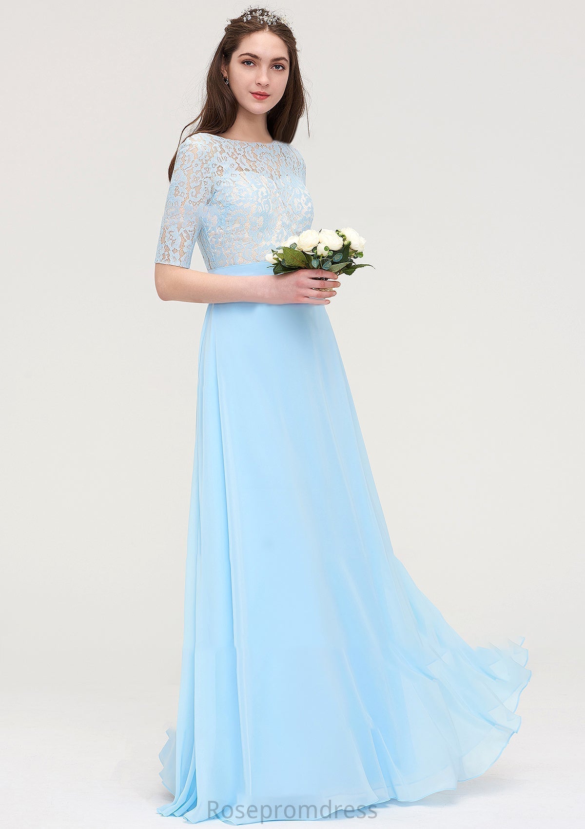 Half Sleeve Long/Floor-Length Bateau Chiffon A-line/Princess Bridesmaid Dresses With Lace Lesly SRSP0025450