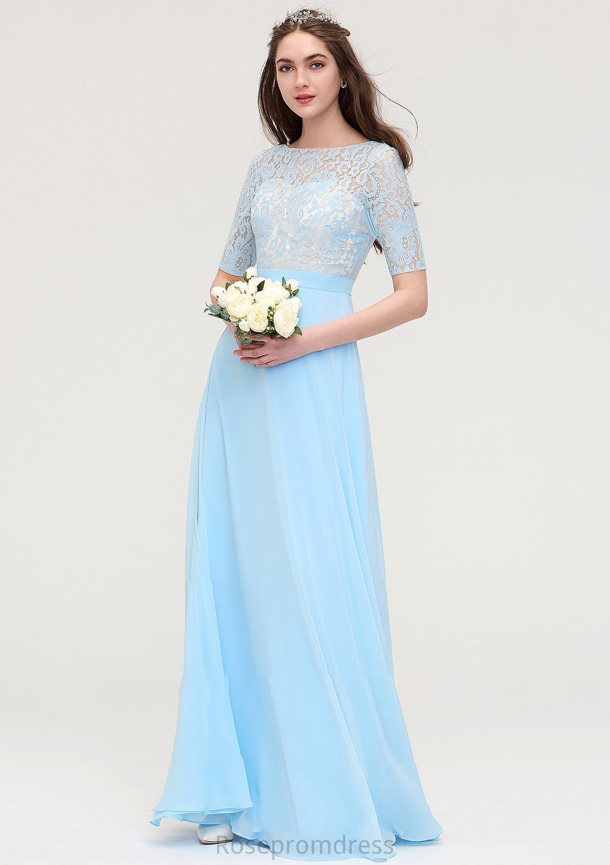 Half Sleeve Long/Floor-Length Bateau Chiffon A-line/Princess Bridesmaid Dresses With Lace Lesly SRSP0025450