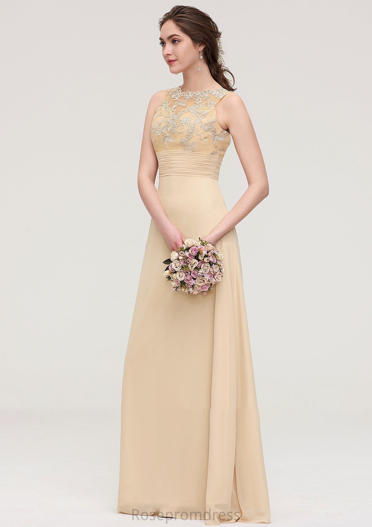 Sleeveless Halter Open Back Long/Floor-Length Sheath/Column Chiffon Bridesmaid Dresses With Pleated Lace Jode SRSP0025451