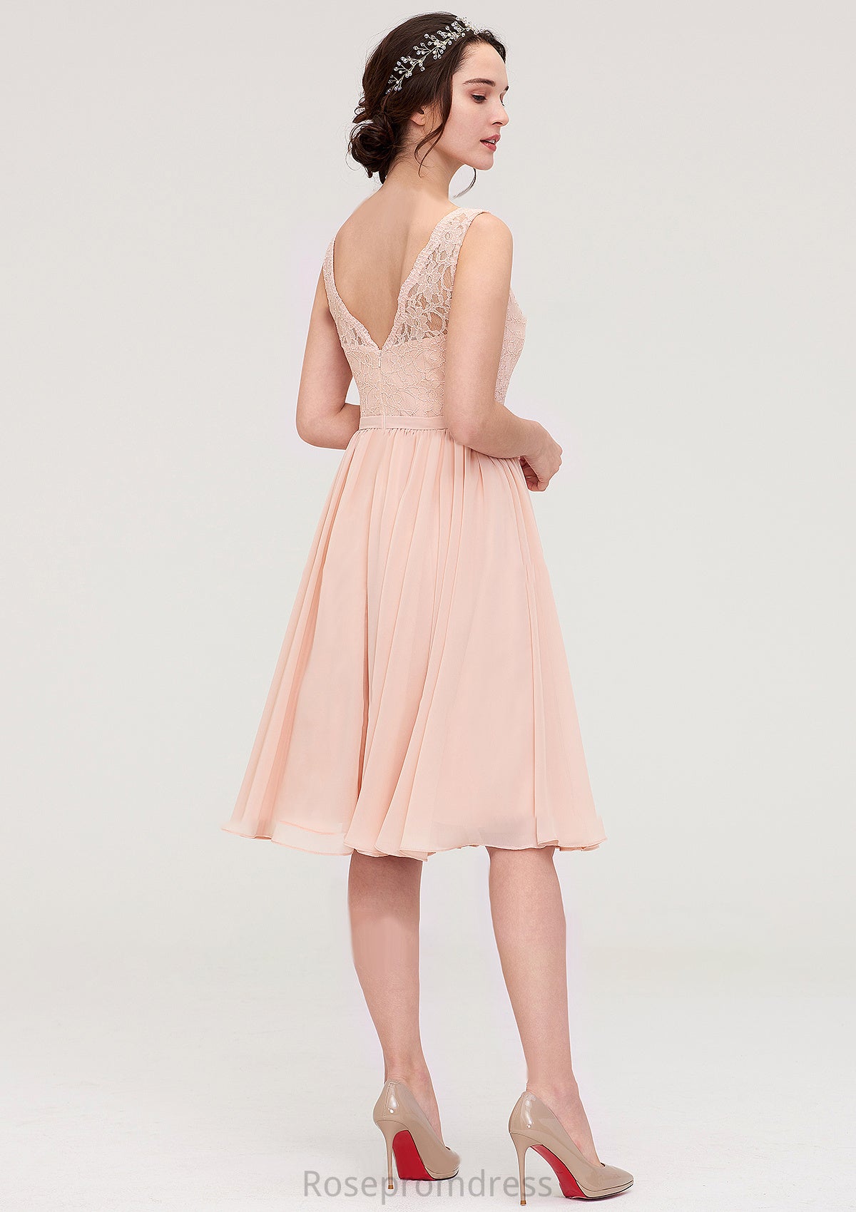 Sleeveless V Neck A-line/Princess Chiffon Knee-Length Bridesmaid Dresses With Lace Thelma SRSP0025453