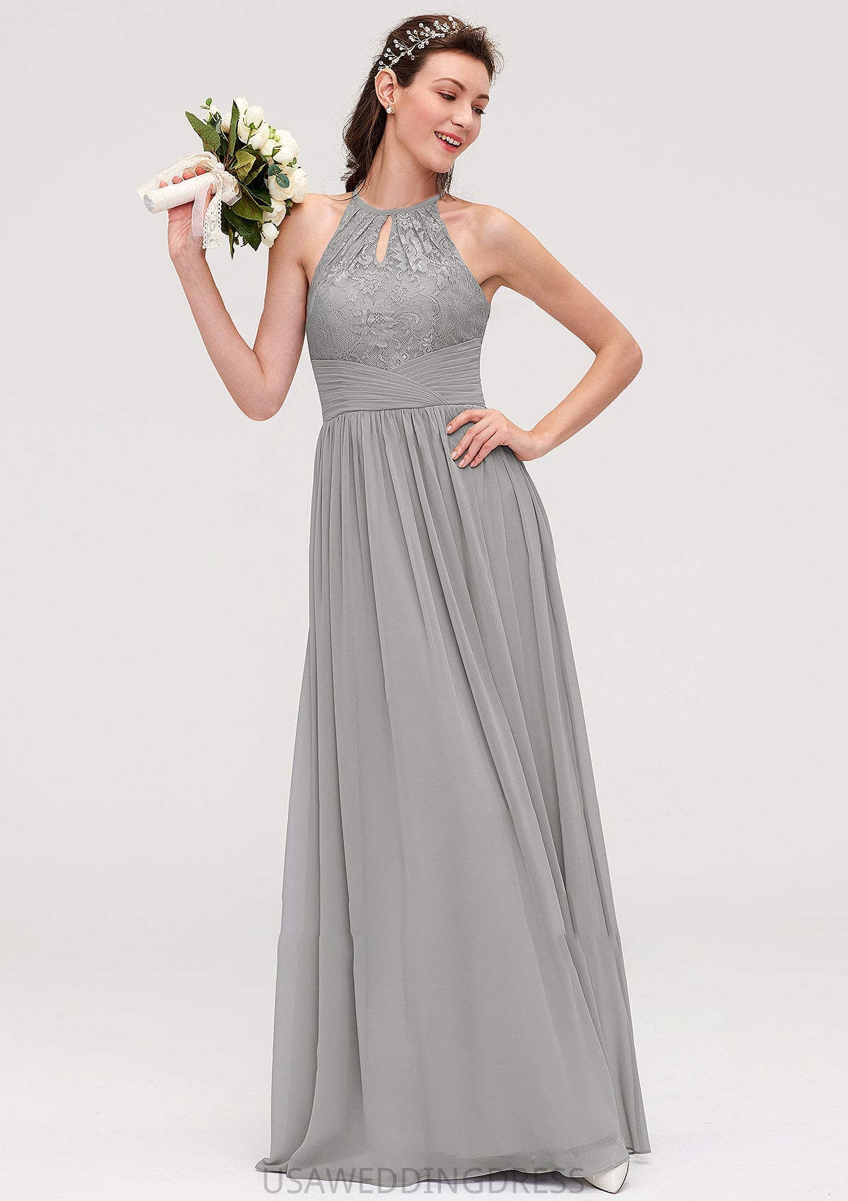 Sleeveless Scoop Neck Chiffon A-line/Princess Long/Floor-Length Bridesmaid Dresseses With Pleated Lace Trudie DSP0025460