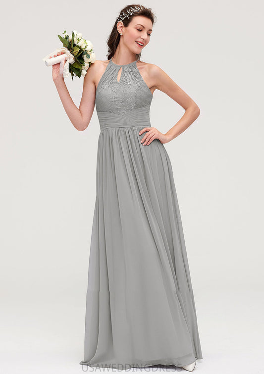 Sleeveless Scoop Neck Chiffon A-line/Princess Long/Floor-Length Bridesmaid Dresseses With Pleated Lace Trudie DSP0025460