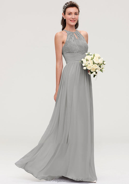 Sleeveless Scoop Neck Chiffon A-line/Princess Long/Floor-Length Bridesmaid Dresseses With Pleated Lace Clara SRSP0025460