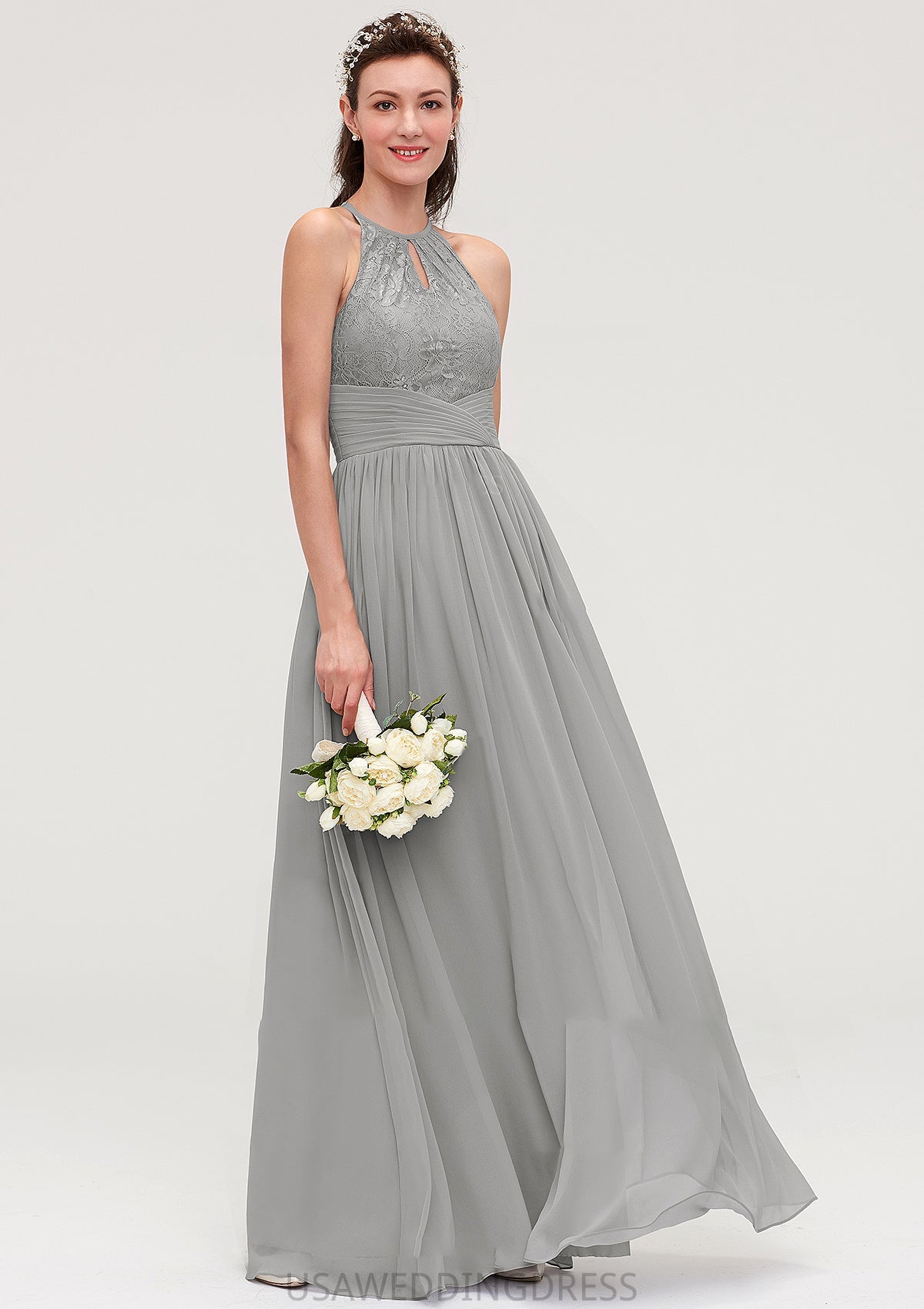 Sleeveless Scoop Neck Chiffon A-line/Princess Long/Floor-Length Bridesmaid Dresseses With Pleated Lace Trudie DSP0025460