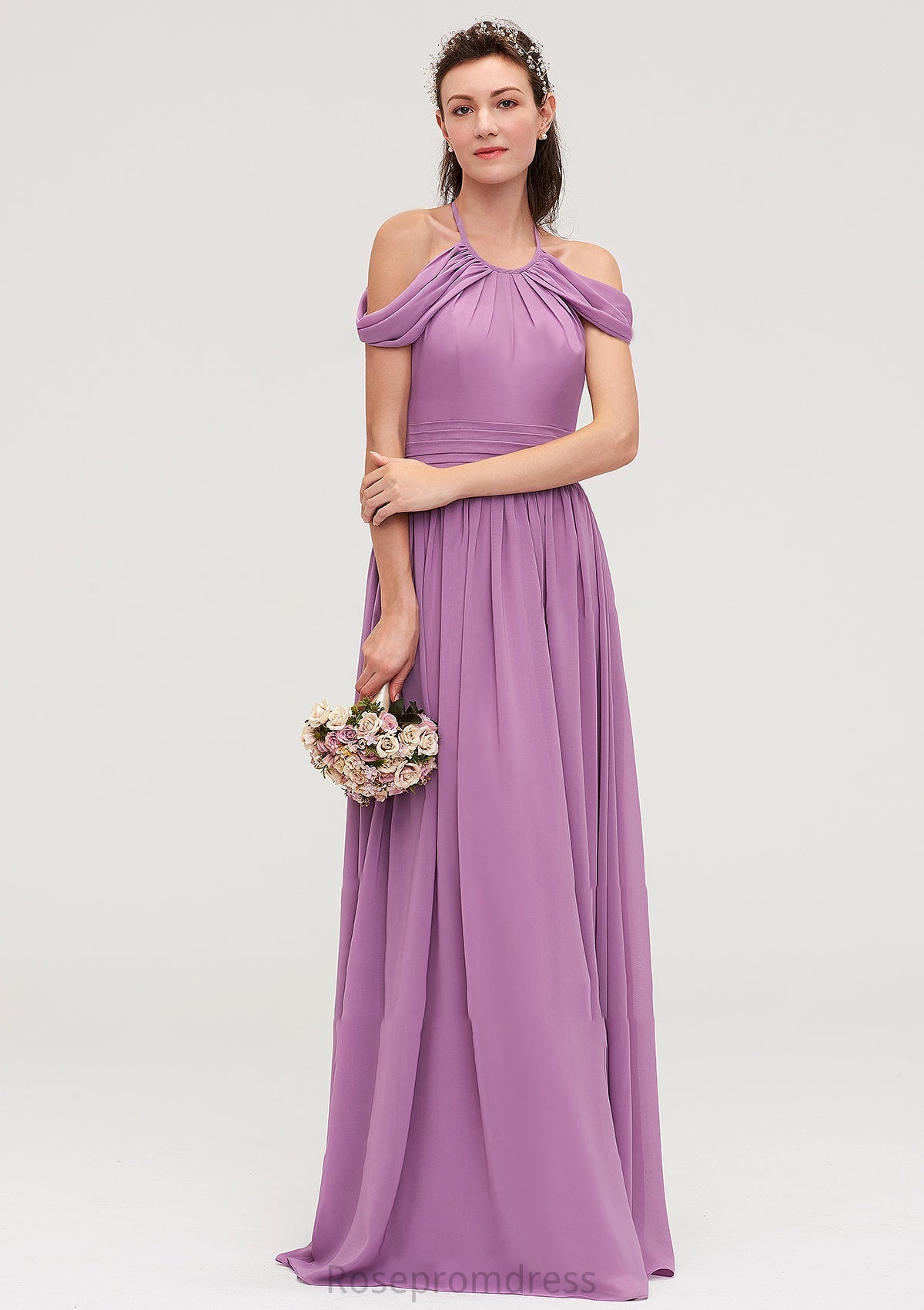 Scoop Neck Sleeveless Chiffon A-line/Princess Long/Floor-Length Bridesmaid Dresseses With Pleated Kadence SRSP0025461