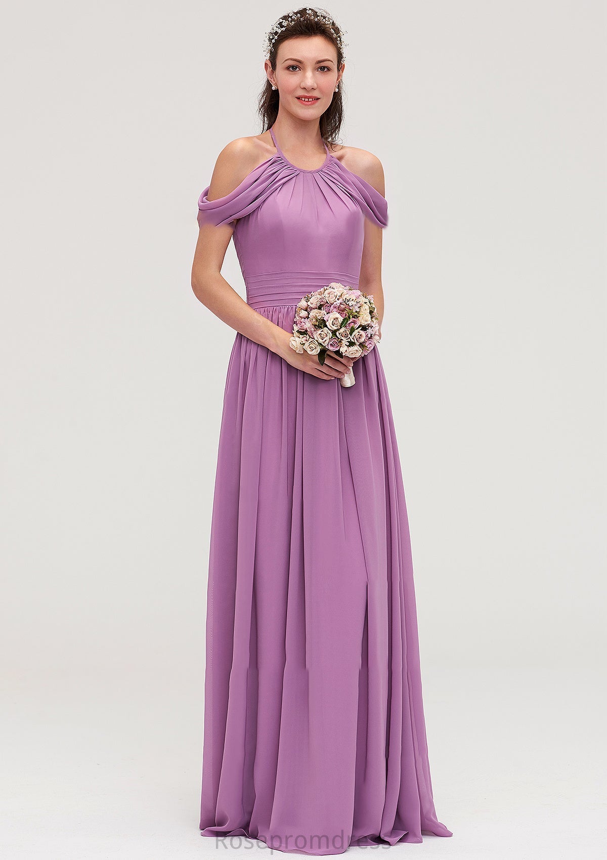 Scoop Neck Sleeveless Chiffon A-line/Princess Long/Floor-Length Bridesmaid Dresseses With Pleated Kadence SRSP0025461