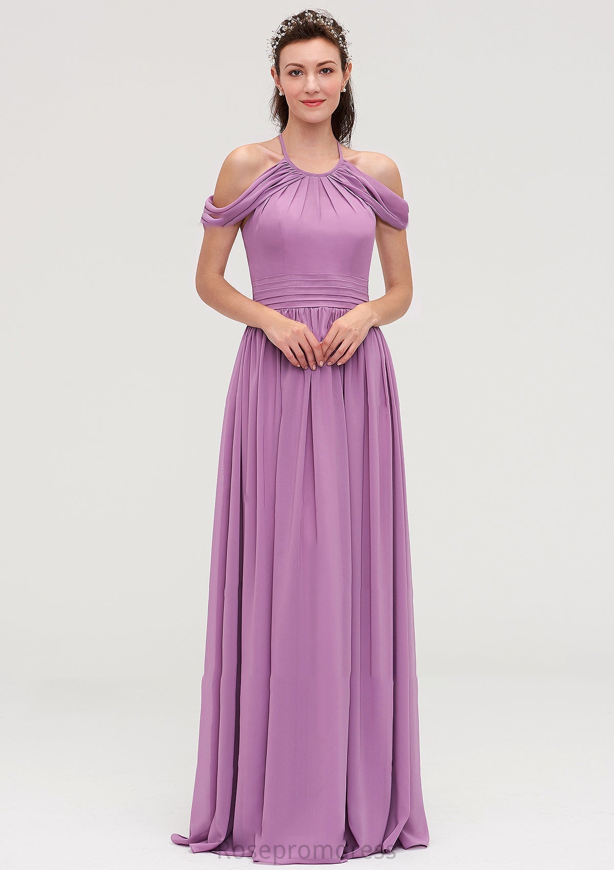 Scoop Neck Sleeveless Chiffon A-line/Princess Long/Floor-Length Bridesmaid Dresseses With Pleated Kadence SRSP0025461