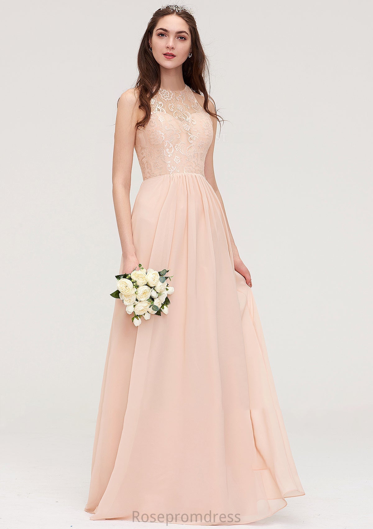Bateau Sleeveless Long/Floor-Length Chiffon A-line/Princess Bridesmaid Dresses With Lace Pleated Cassidy SRSP0025464