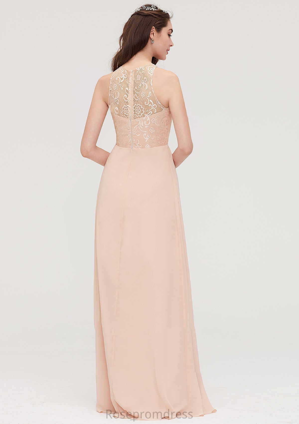 Bateau Sleeveless Long/Floor-Length Chiffon A-line/Princess Bridesmaid Dresses With Lace Pleated Cassidy SRSP0025464