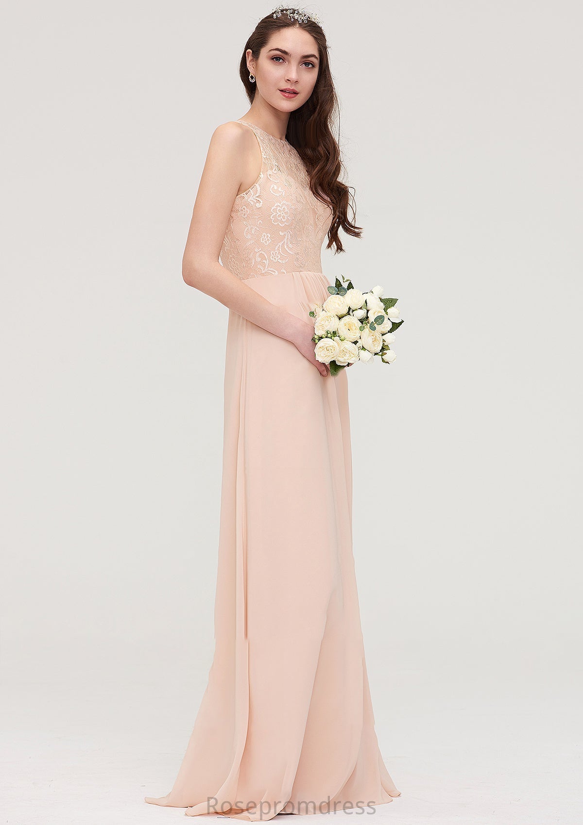 Bateau Sleeveless Long/Floor-Length Chiffon A-line/Princess Bridesmaid Dresses With Lace Pleated Cassidy SRSP0025464