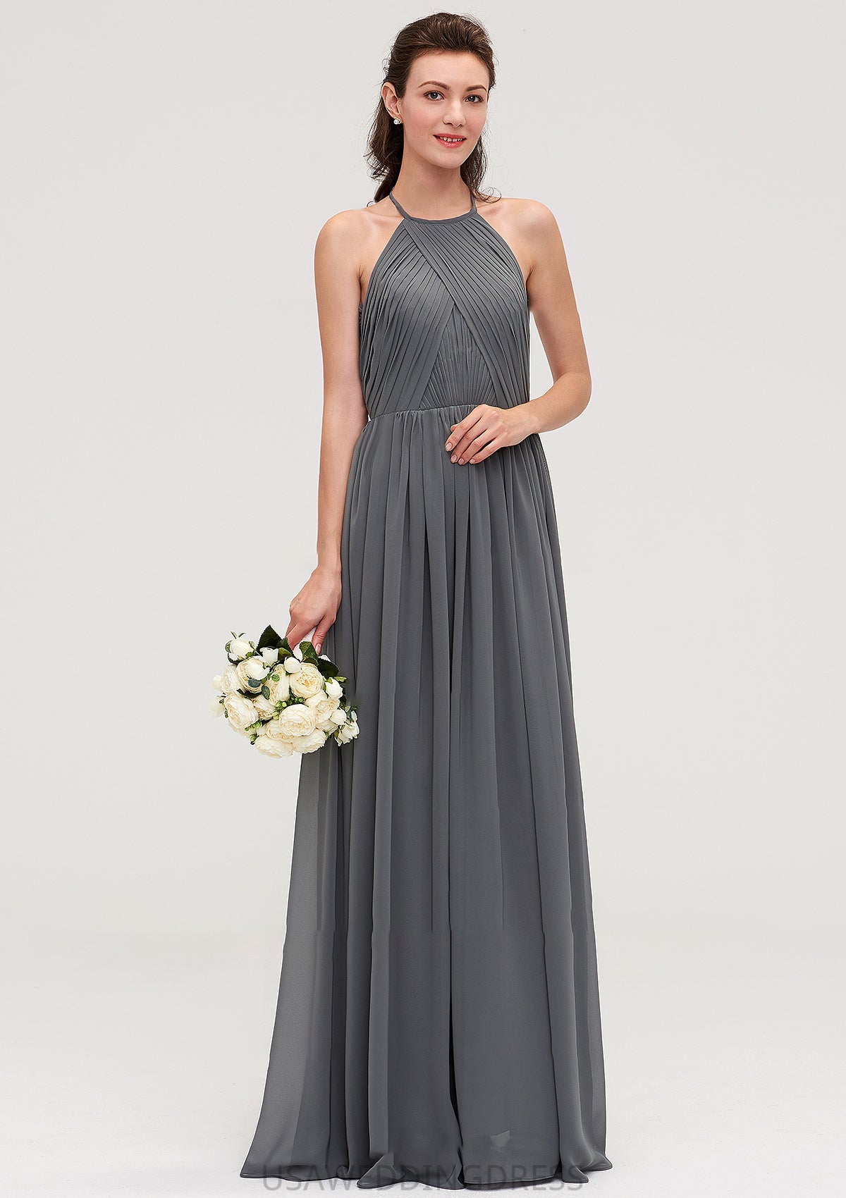 Sleeveless Halter Chiffon A-line/Princess Long/Floor-Length Bridesmaid Dresseses With Pleated Jazmyn DSP0025466