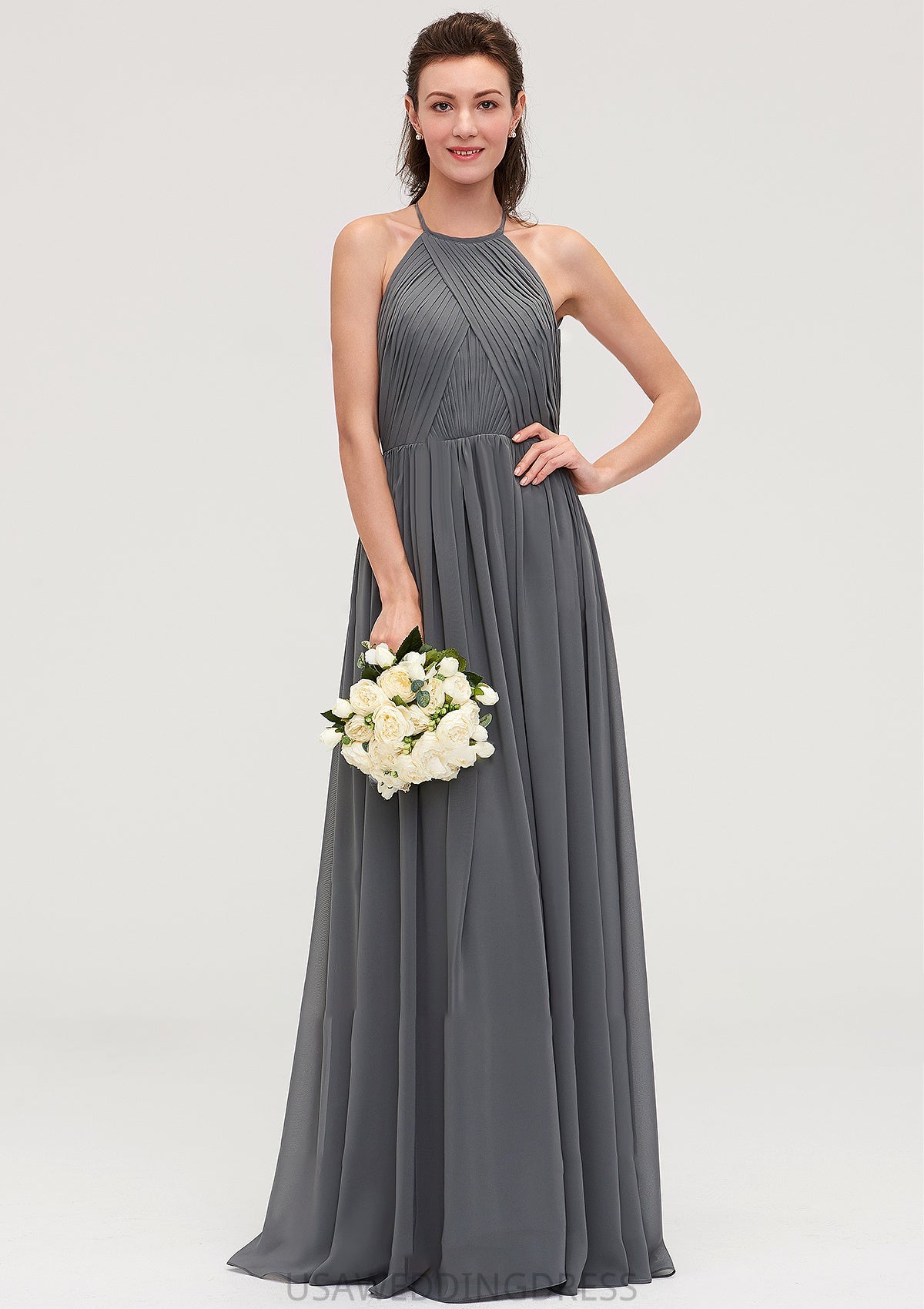 Sleeveless Halter Chiffon A-line/Princess Long/Floor-Length Bridesmaid Dresseses With Pleated Jazmyn DSP0025466