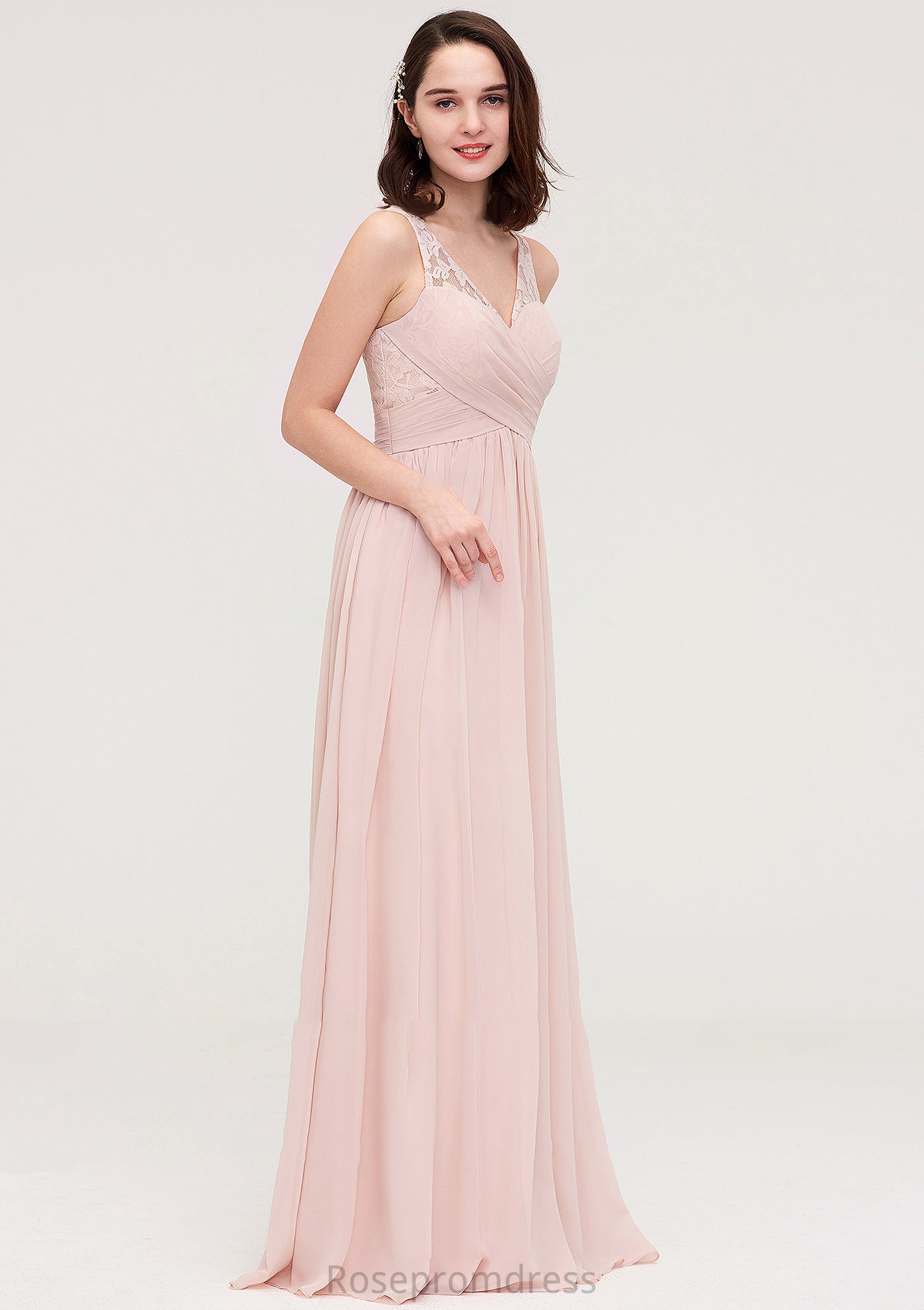 Sleeveless V Neck Long/Floor-Length Chiffon A-line/Princess Bridesmaid Dresses With Pleated Appliqued Jaden SRSP0025467