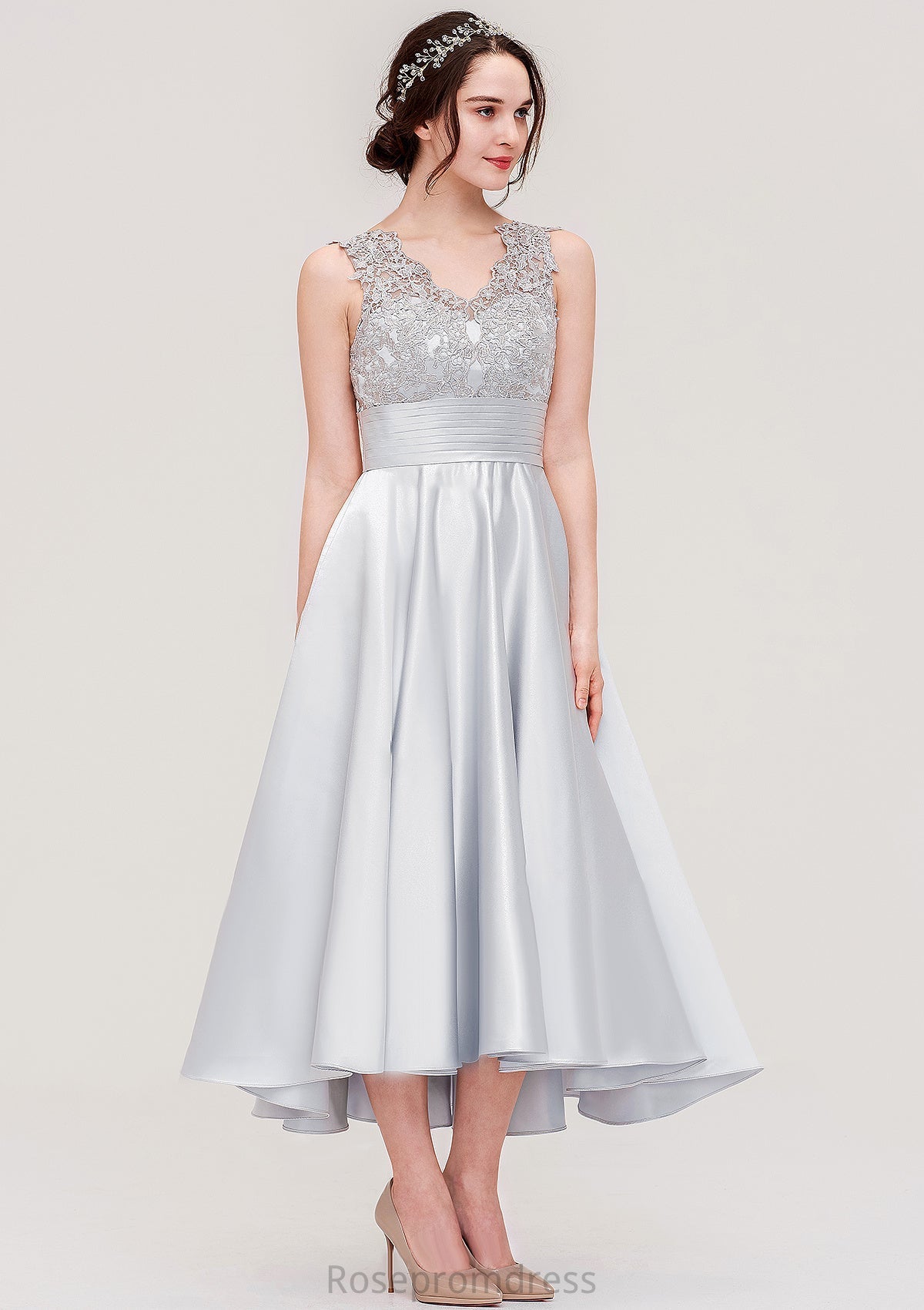 Sleeveless V Neck Asymmetrical Satin A-line/Princess Bridesmaid Dresses With Pleated Lace Johanna SRSP0025468