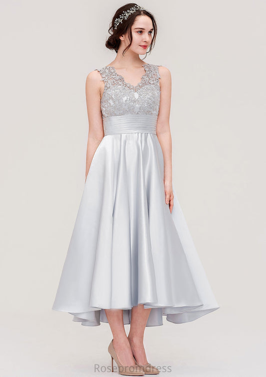 Sleeveless V Neck Asymmetrical Satin A-line/Princess Bridesmaid Dresses With Pleated Lace Johanna SRSP0025468